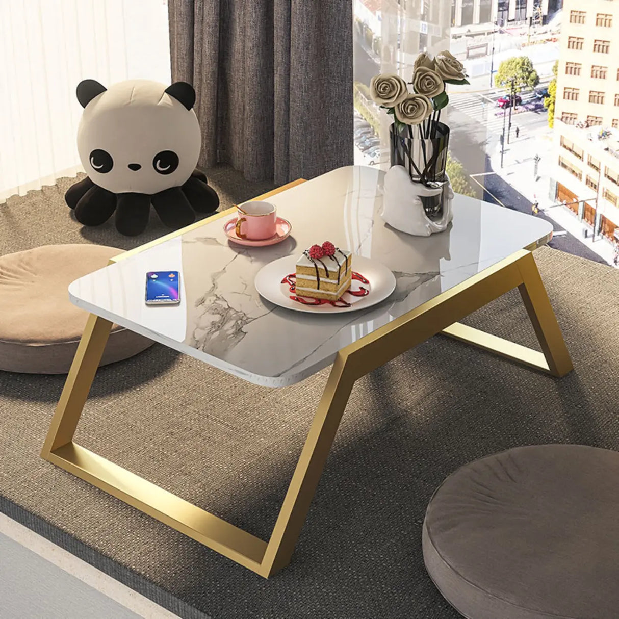 Glam White Rectangular Metal Gold Sled Coffee Table Image - 3
