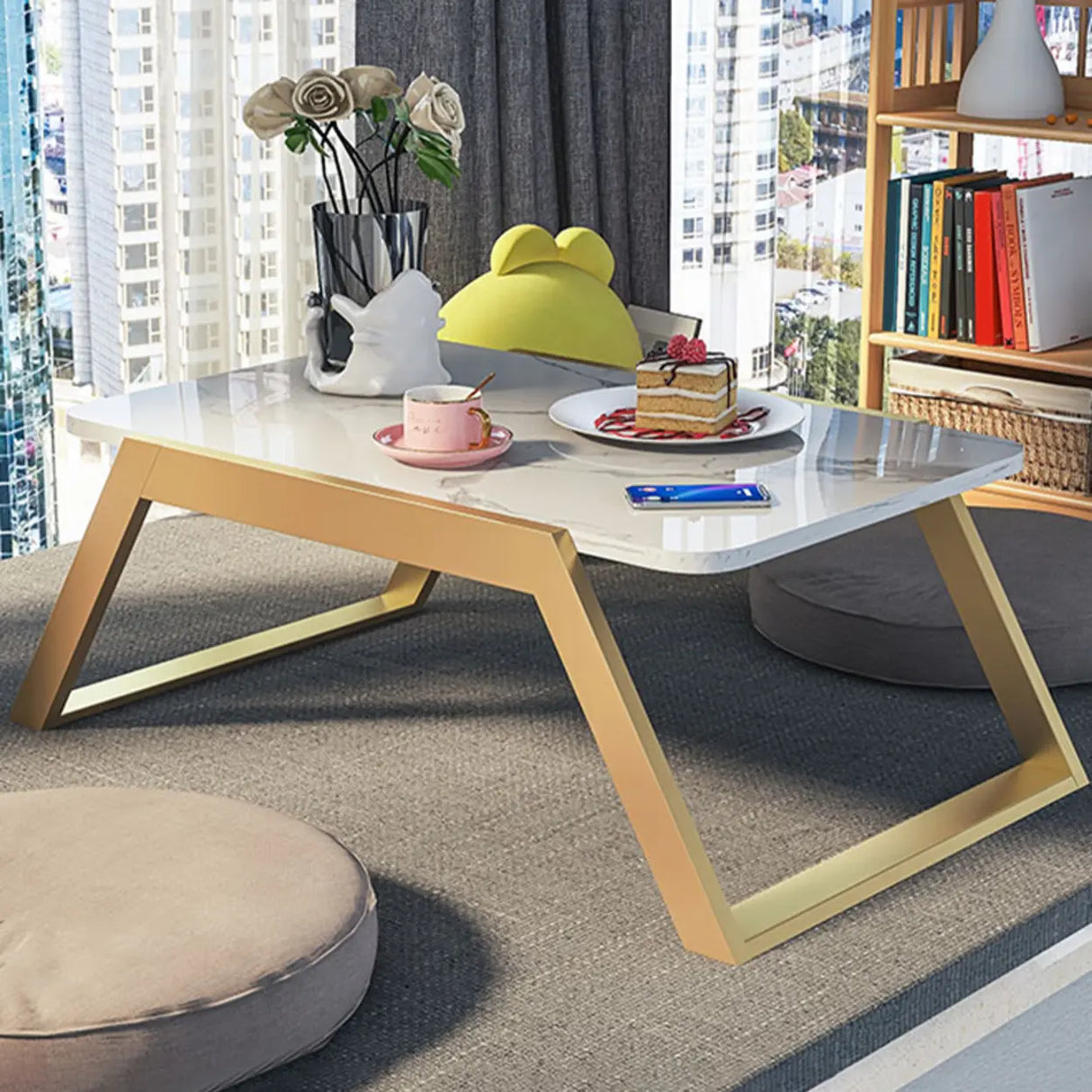 Glam White Rectangular Metal Gold Sled Coffee Table Image - 6