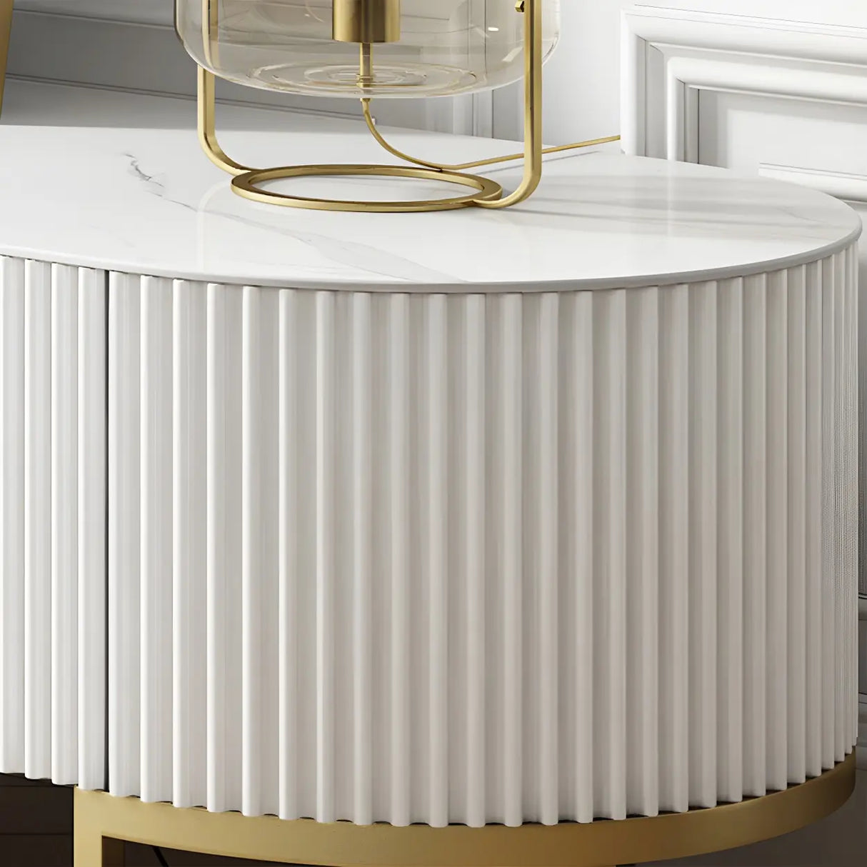 Glam White Stone Enclosed Storage Long Length TV Stand Image - 7