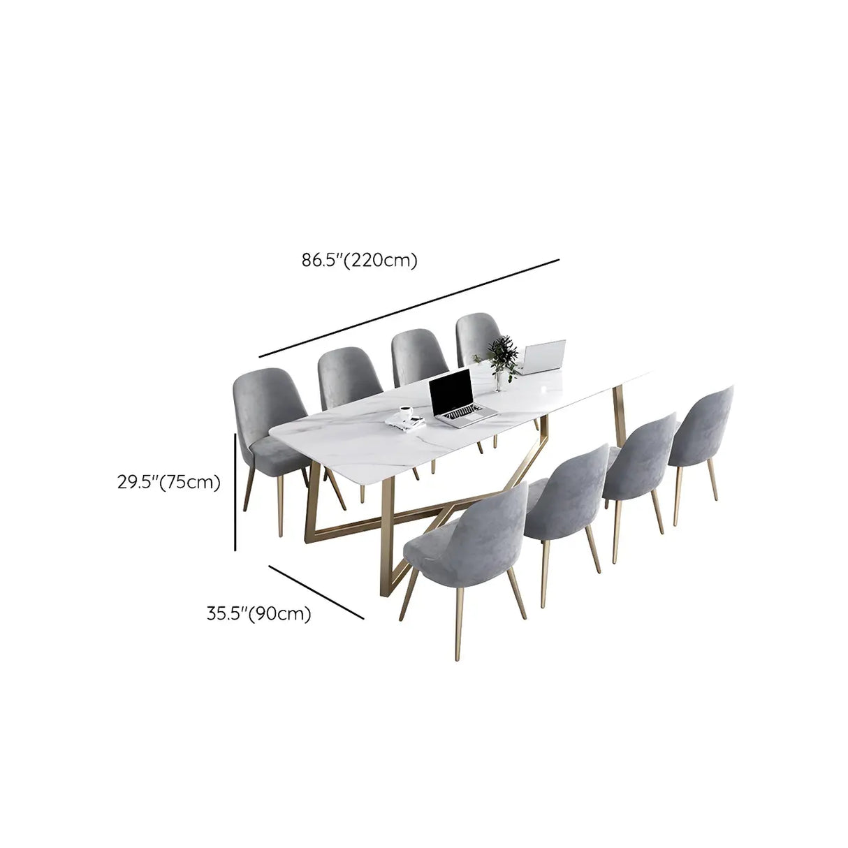Glam White Stone Gold Trestle Conference Table for 8 Image - 11