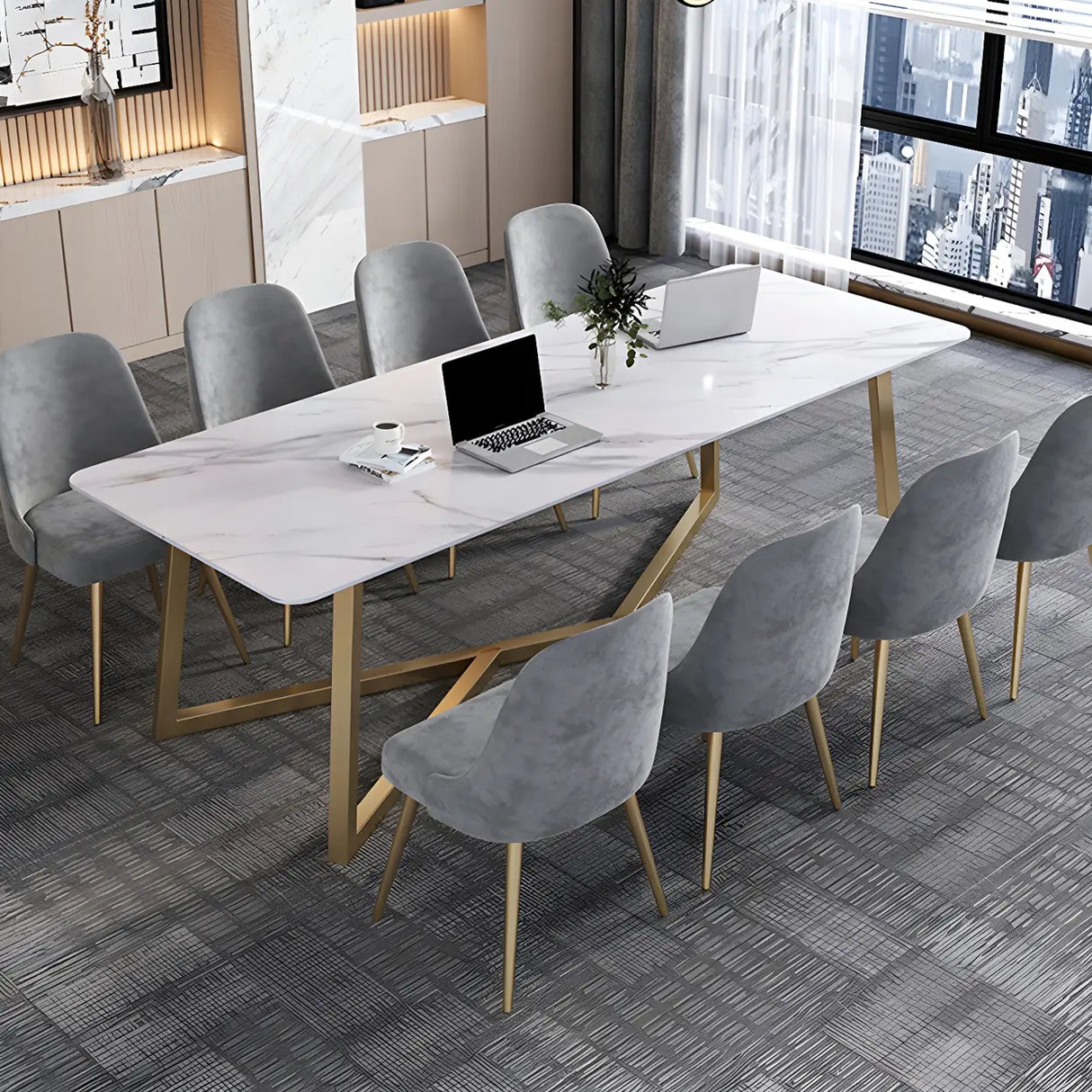 Glam White Stone Gold Trestle Conference Table for 8 Image - 1