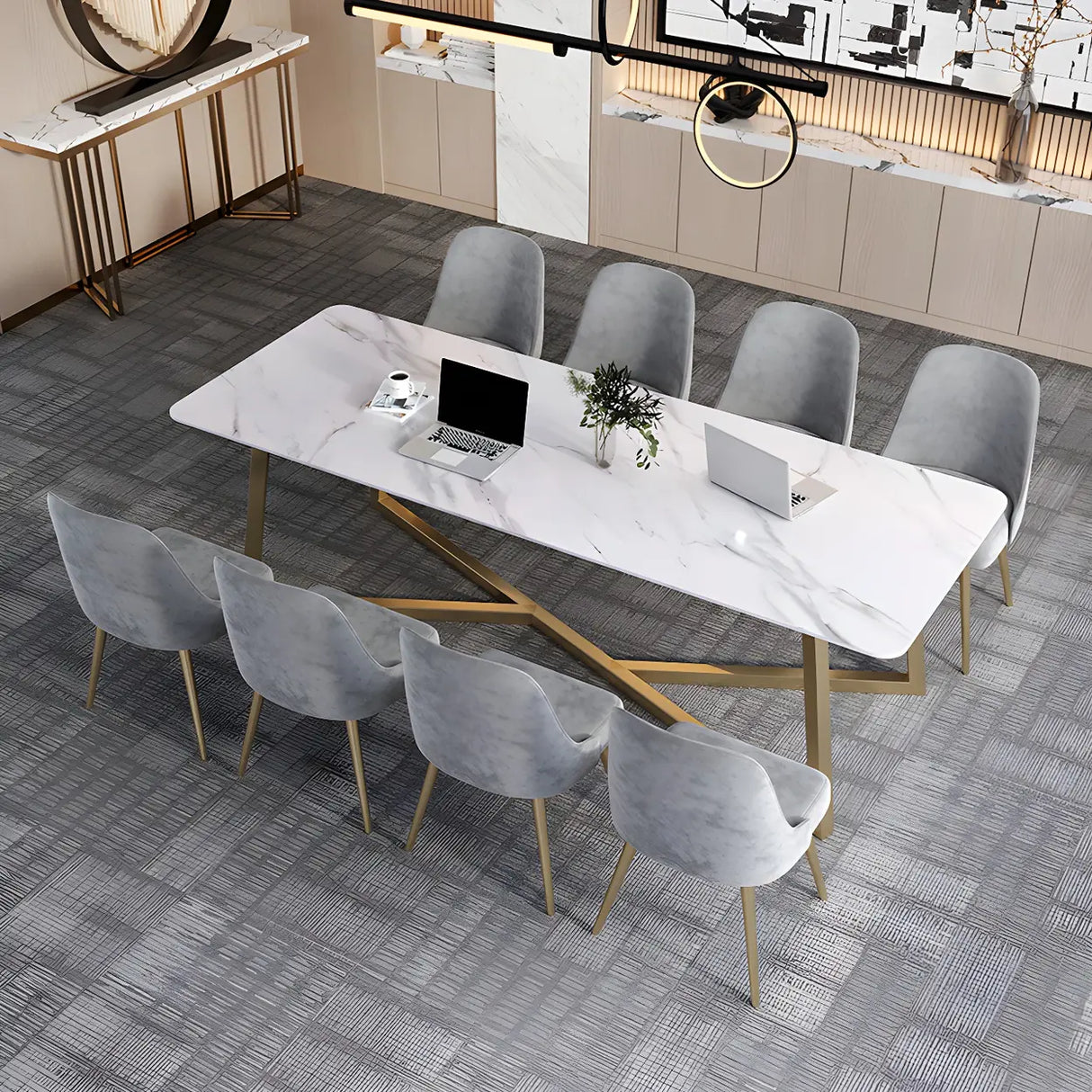 Glam White Stone Gold Trestle Conference Table for 8 Image - 2