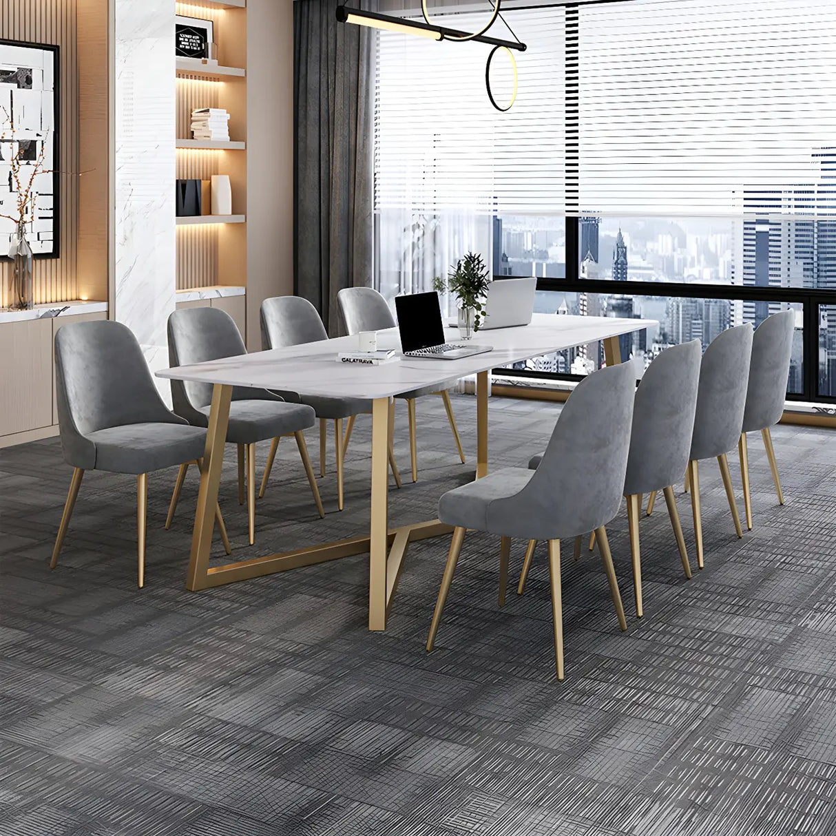 Glam White Stone Gold Trestle Conference Table for 8 Image - 3