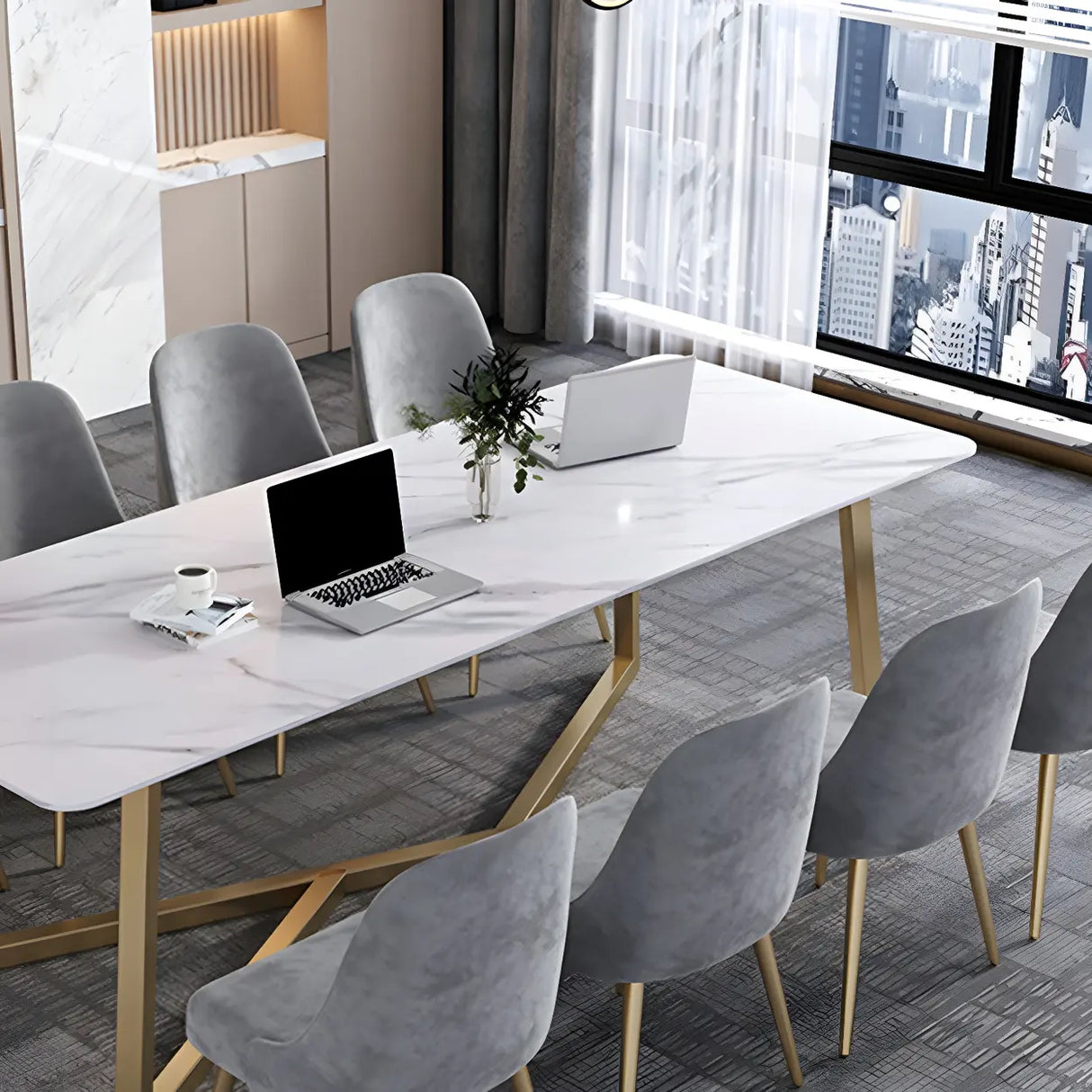 Glam White Stone Gold Trestle Conference Table for 8 Image - 4