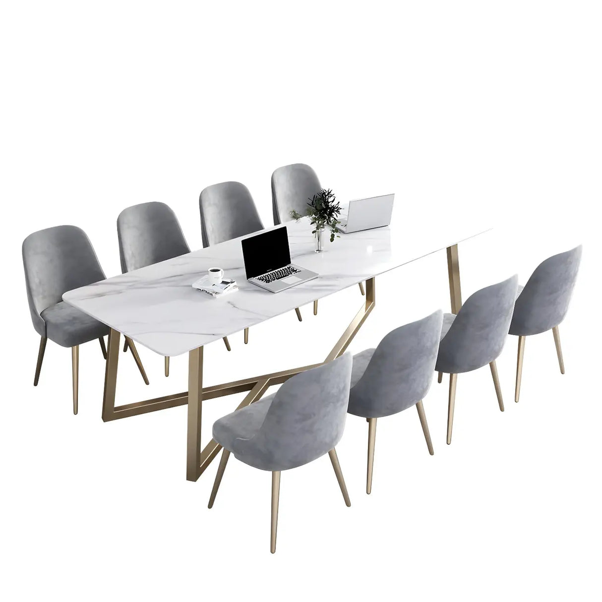 Glam White Stone Gold Trestle Conference Table for 8 Image - 5