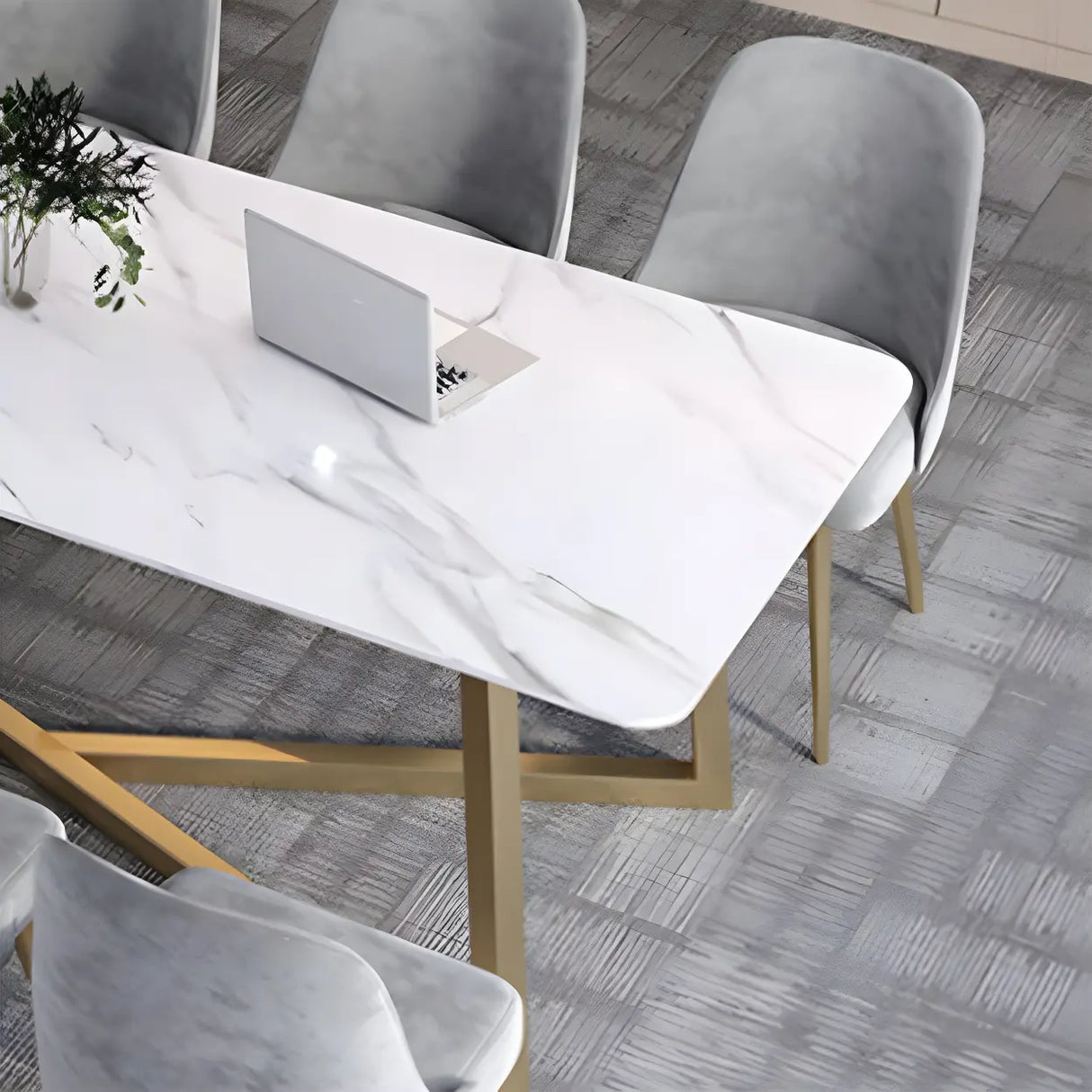 Glam White Stone Gold Trestle Conference Table for 8 Image - 6