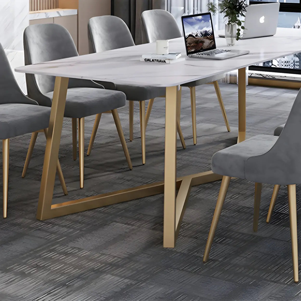 Glam White Stone Gold Trestle Conference Table for 8 Image - 7