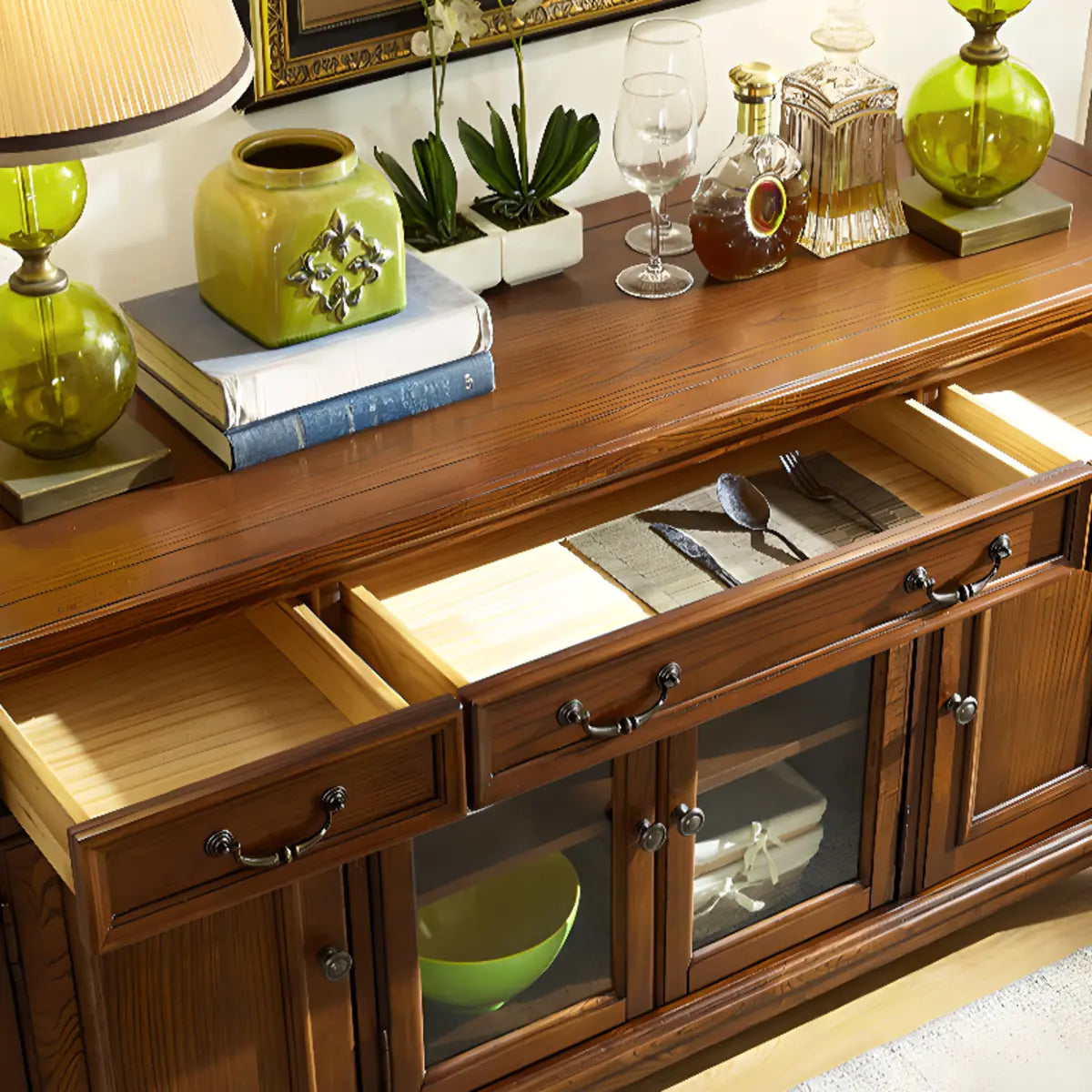 Glass Doors Ash Brown Large Retro Sideboard with Shelves Image - 15