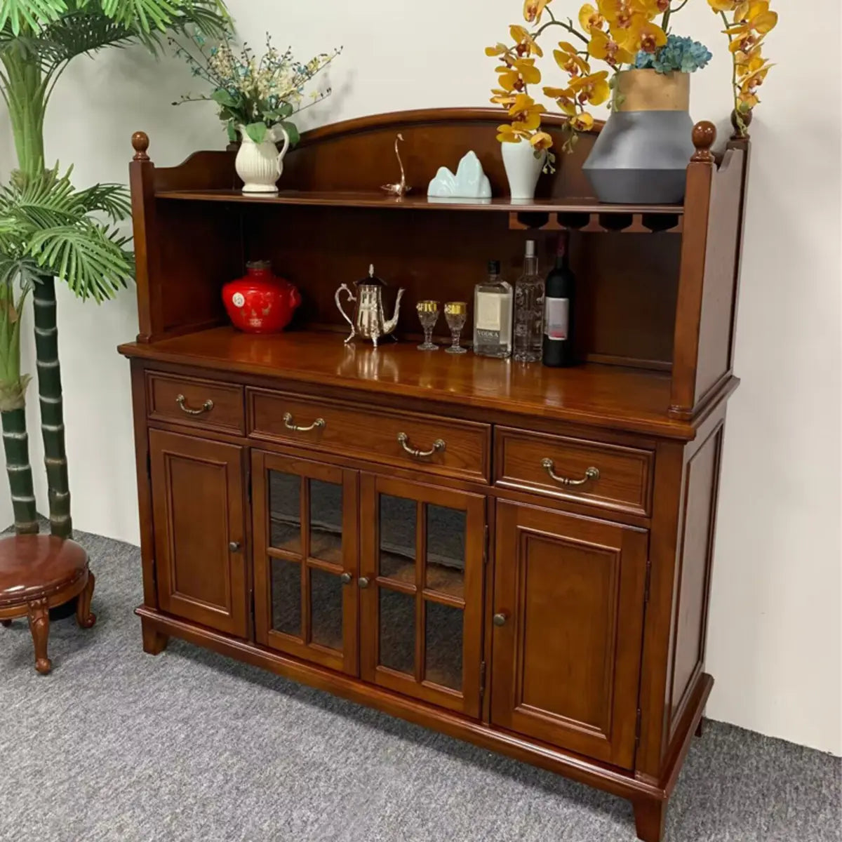 Glass Doors Ash Brown Large Retro Sideboard with Shelves Image - 2