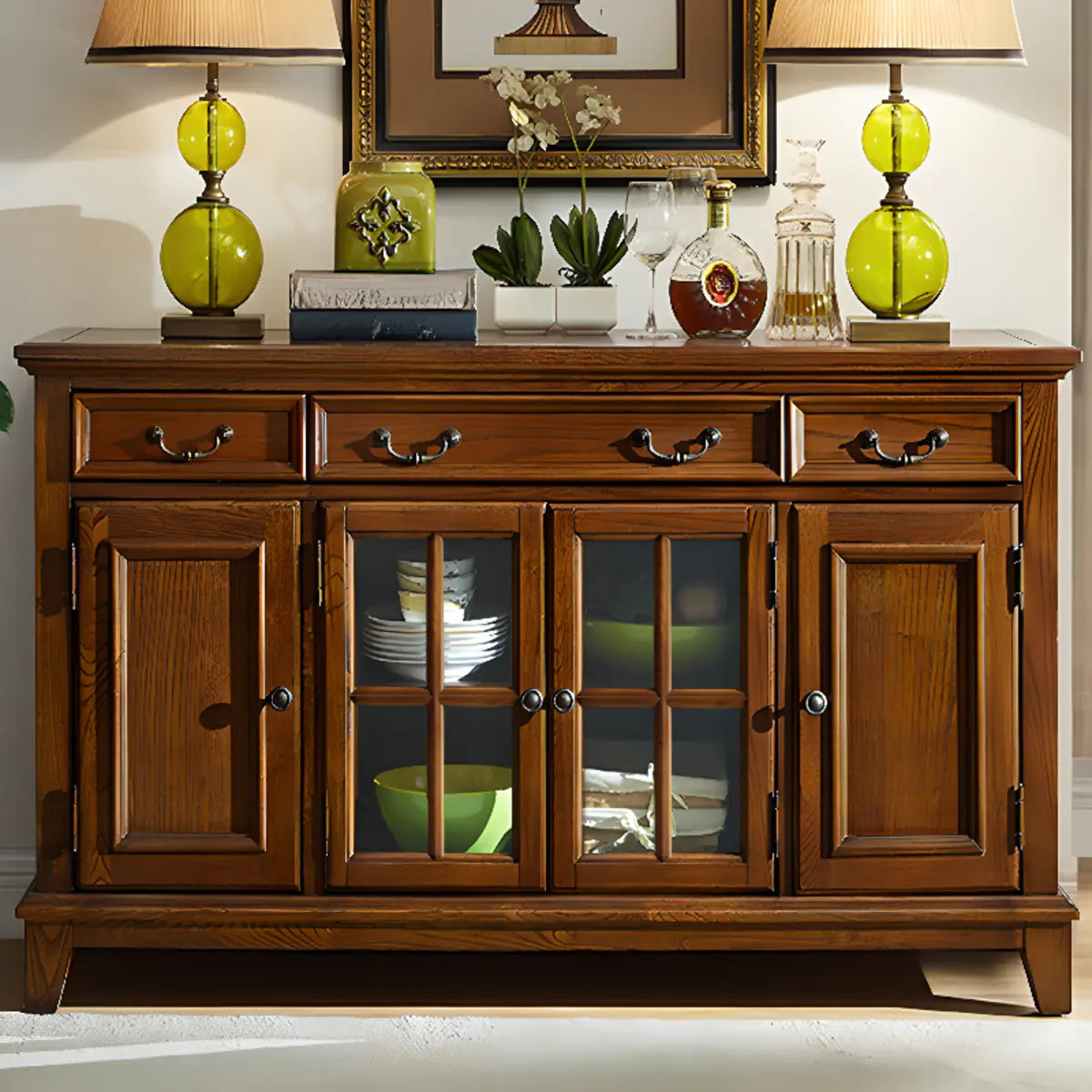 Glass Doors Ash Brown Large Retro Sideboard with Shelves Image - 4