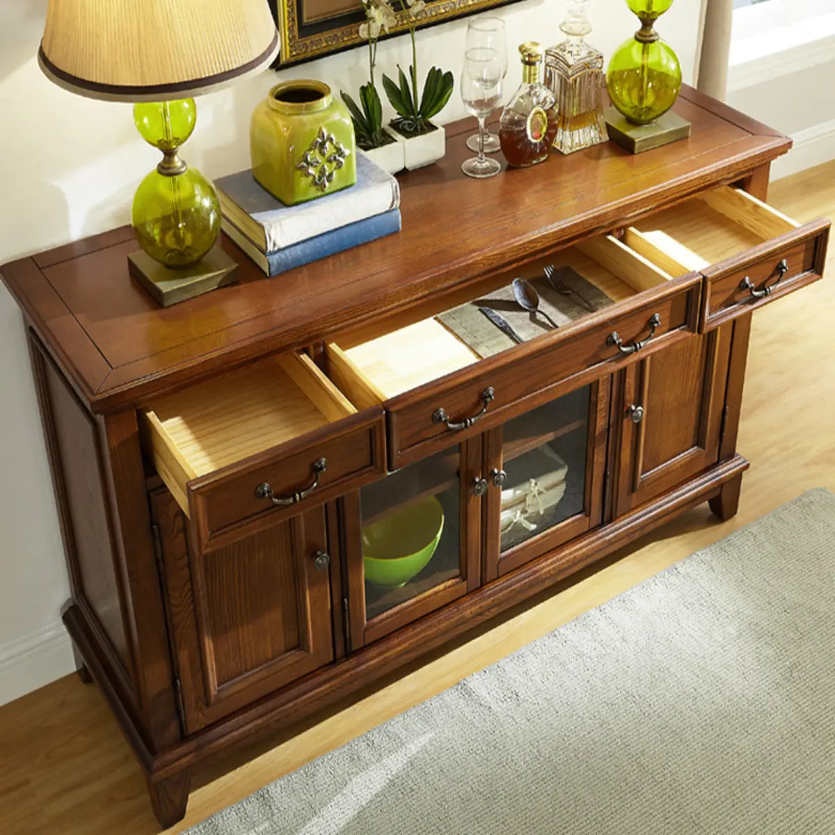 Glass Doors Ash Brown Large Retro Sideboard with Shelves Image - 6