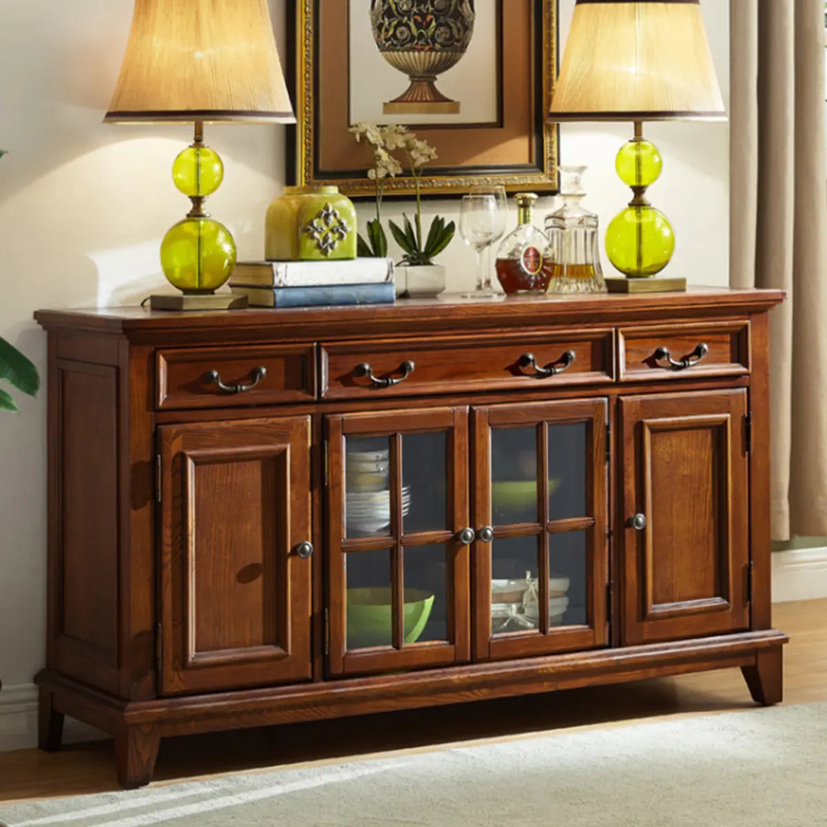 Glass Doors Ash Brown Large Retro Sideboard with Shelves Image - 7