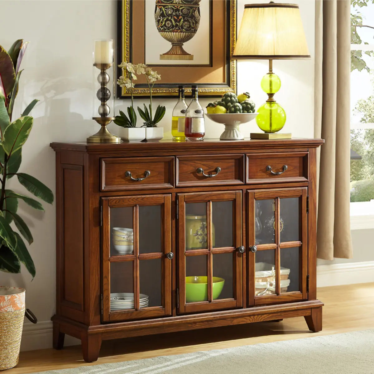 Glass Doors Ash Brown Large Retro Sideboard with Shelves Image - 9