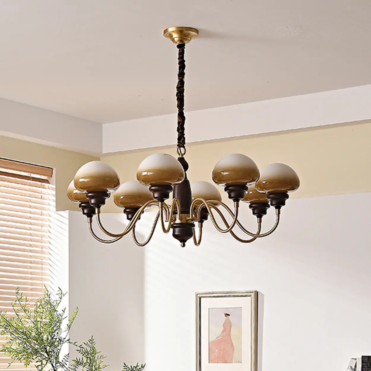 Glass Mushroom Curve Arm Beige Living Room Chandelier Image - 1