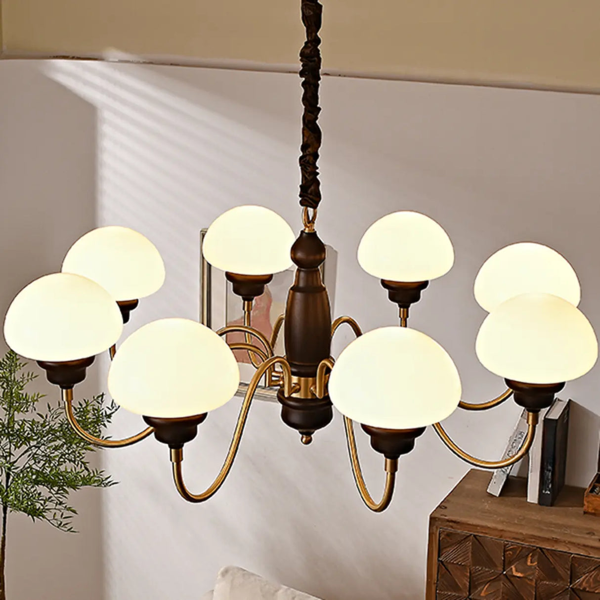Glass Mushroom Curve Arm Beige Living Room Chandelier Image - 4