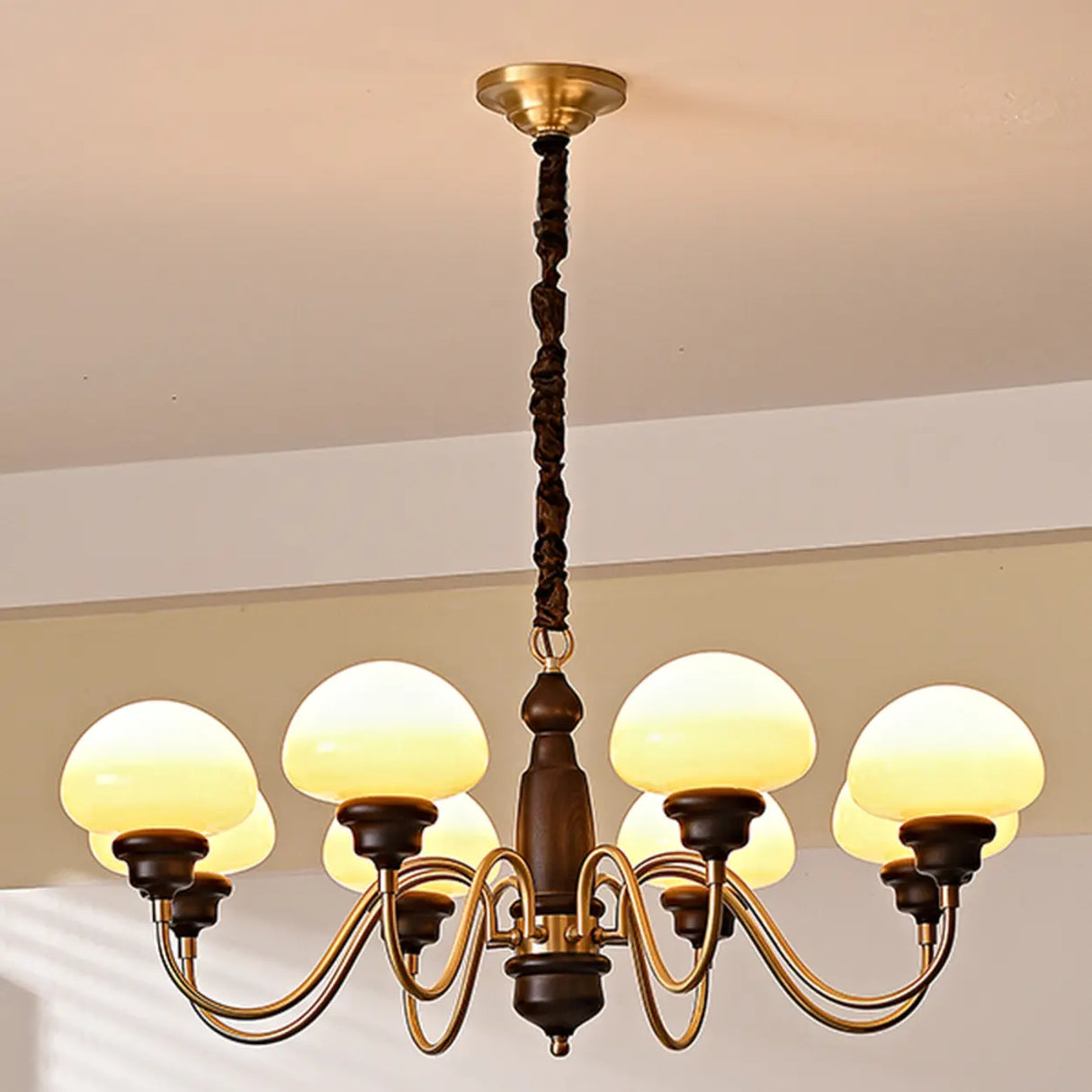 Glass Mushroom Curve Arm Beige Living Room Chandelier Image - 6