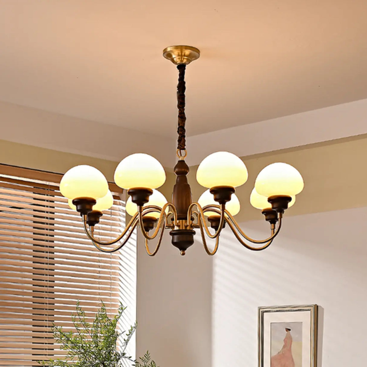 Glass Mushroom Curve Arm Beige Living Room Chandelier Image - 7