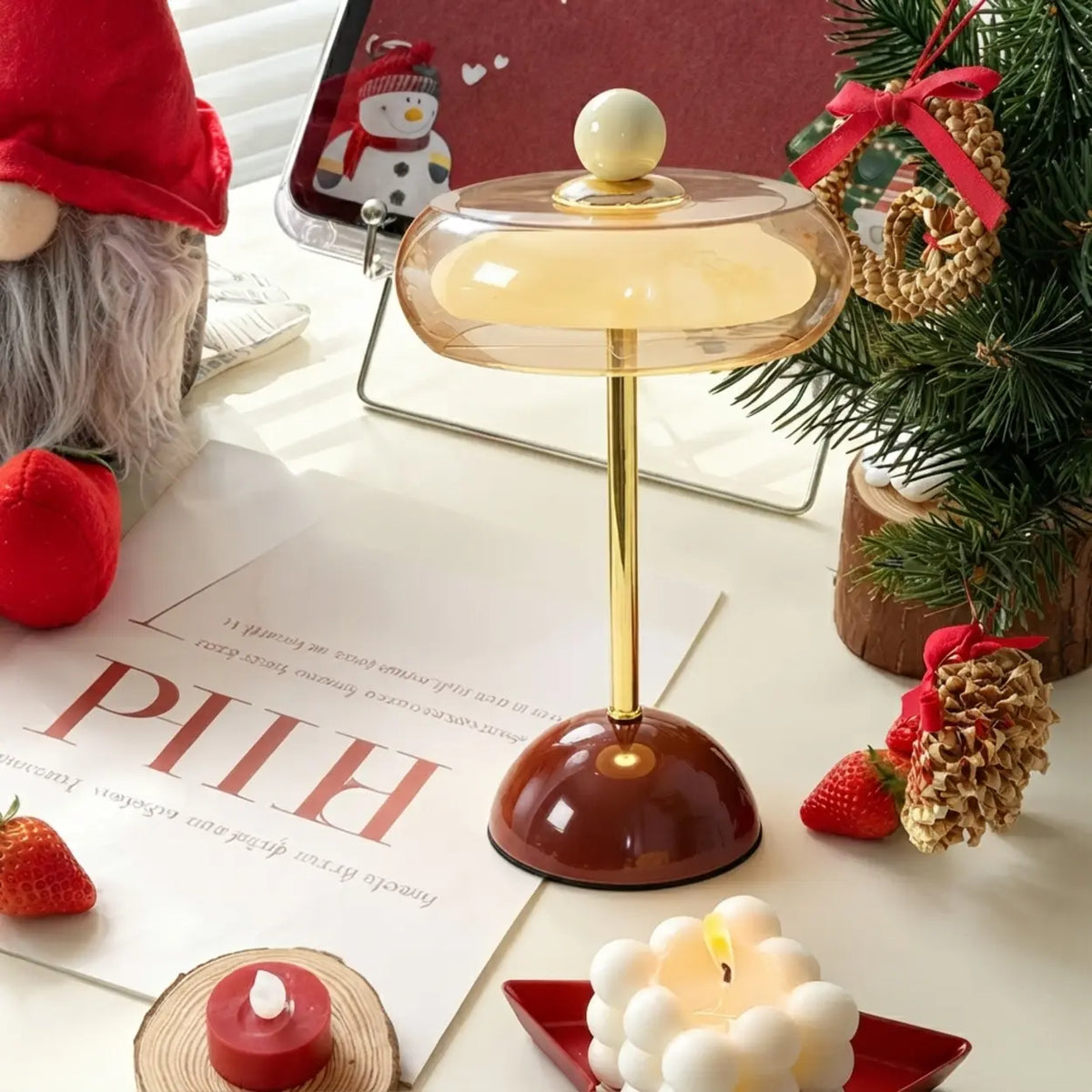 USB charging cable Red 7"W x 13.3"H Glass Mushroom LED Table Lamp with Touch Control Image - 5
