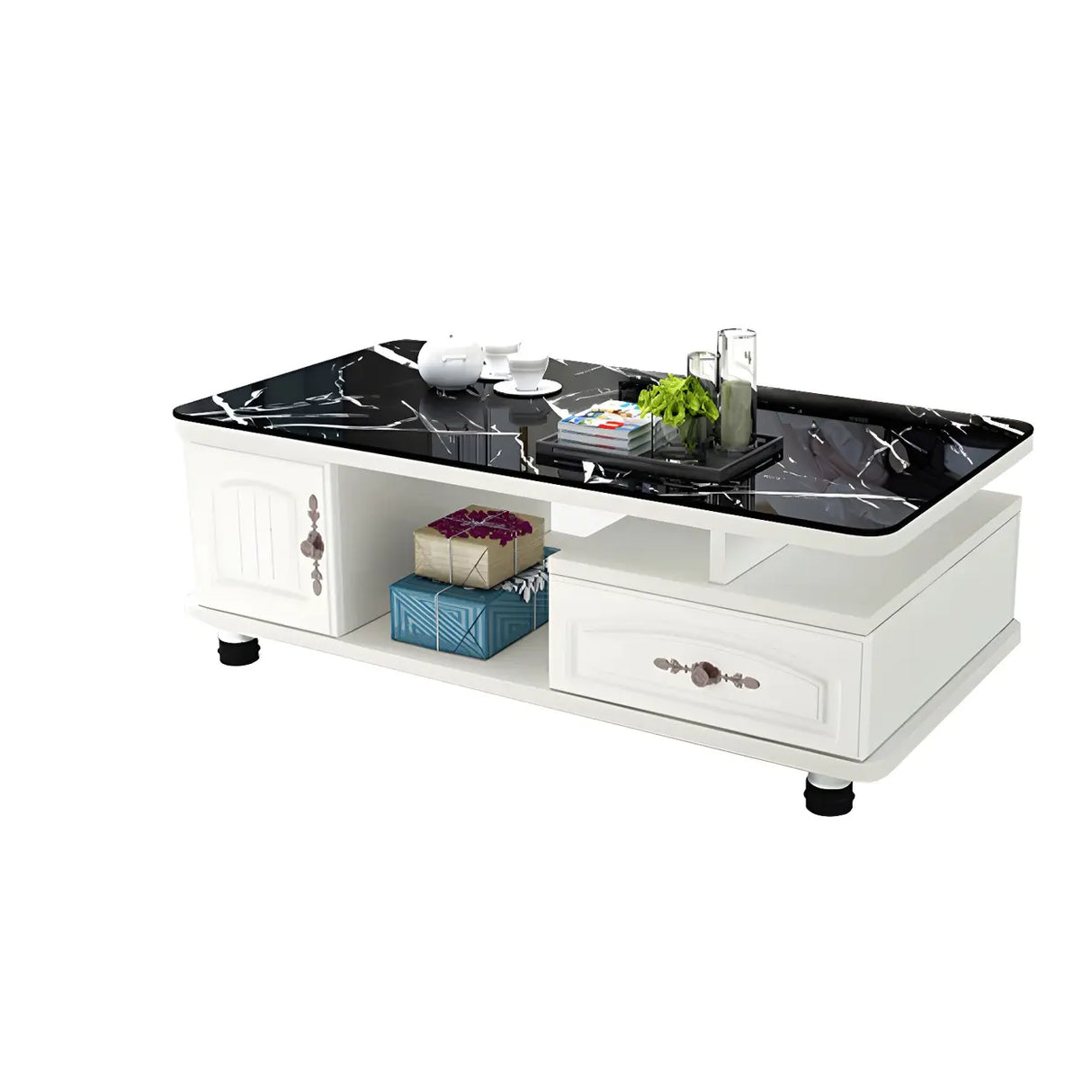 Glass Rectangular Storage Coffee Table with Cabinet Image - 10