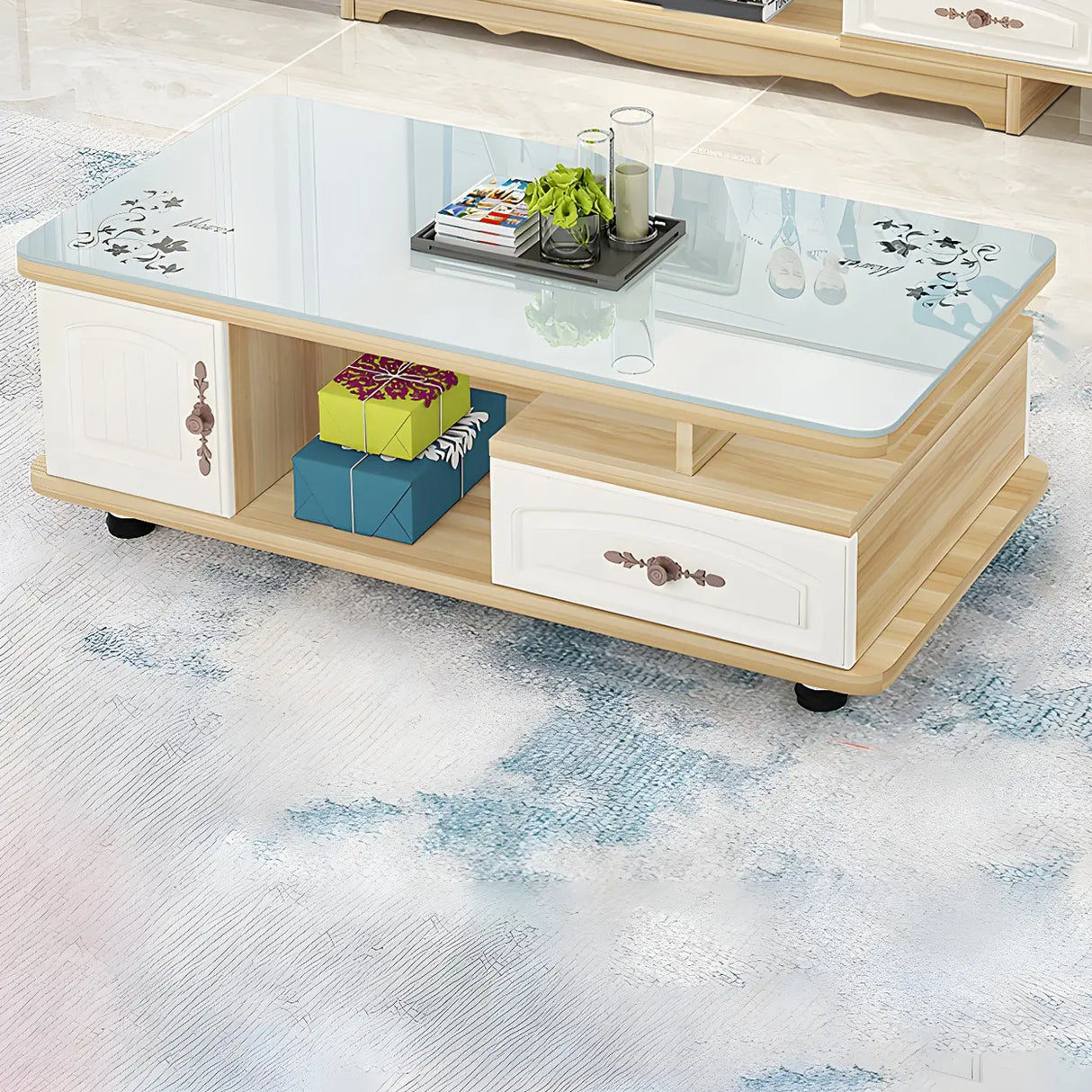 Glass Rectangular Storage Coffee Table with Cabinet Image - 13