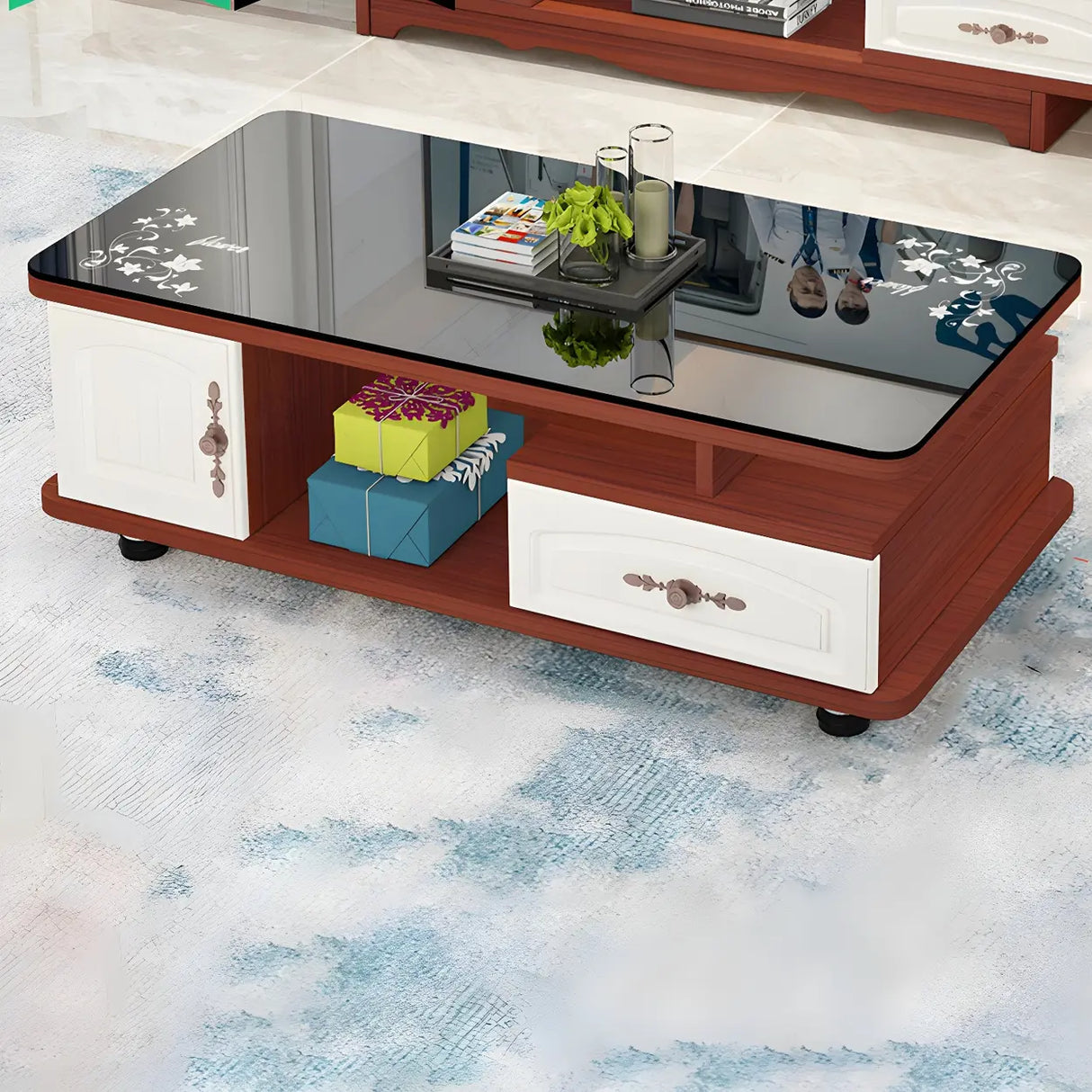 Glass Rectangular Storage Coffee Table with Cabinet Image - 14