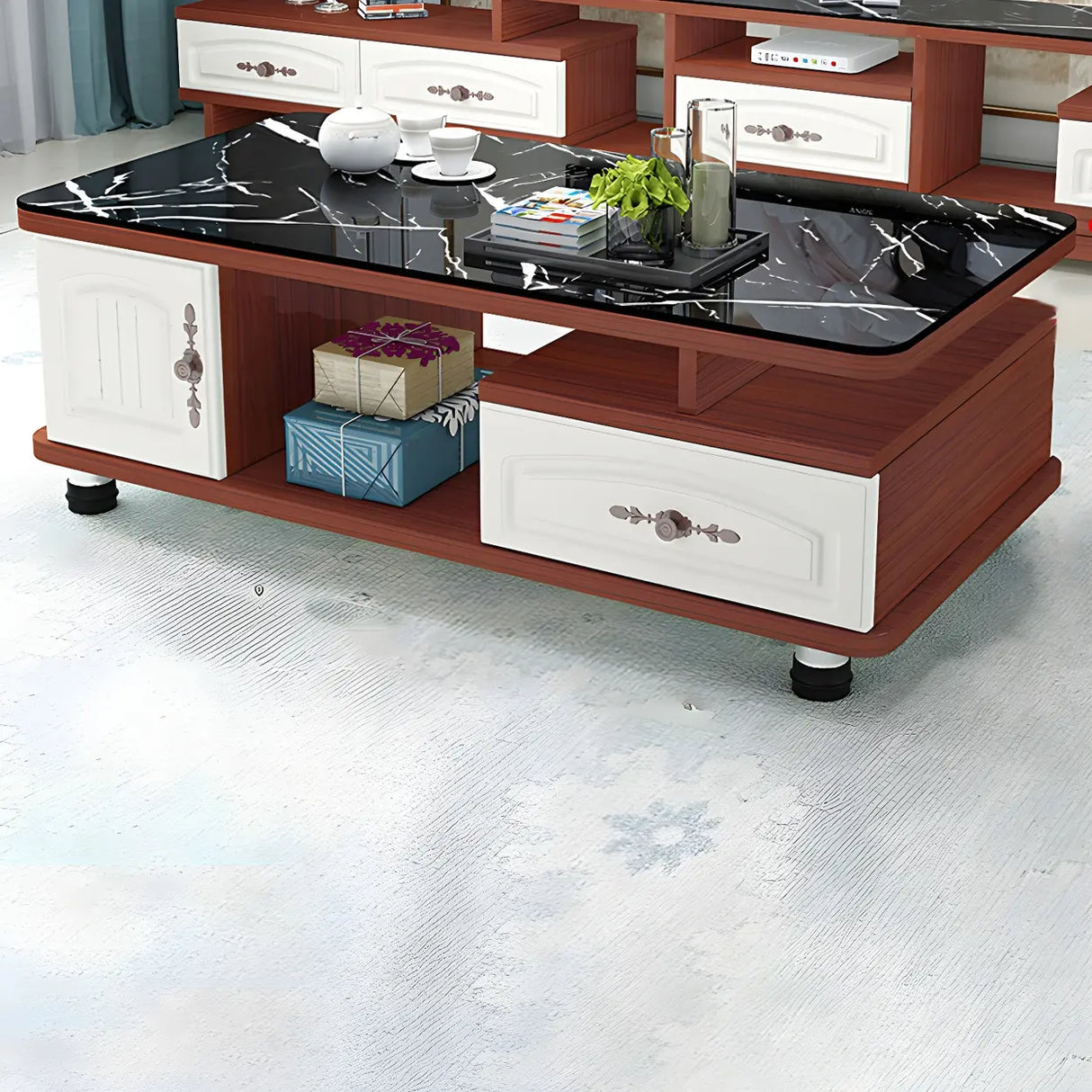 Glass Rectangular Storage Coffee Table with Cabinet Image - 15