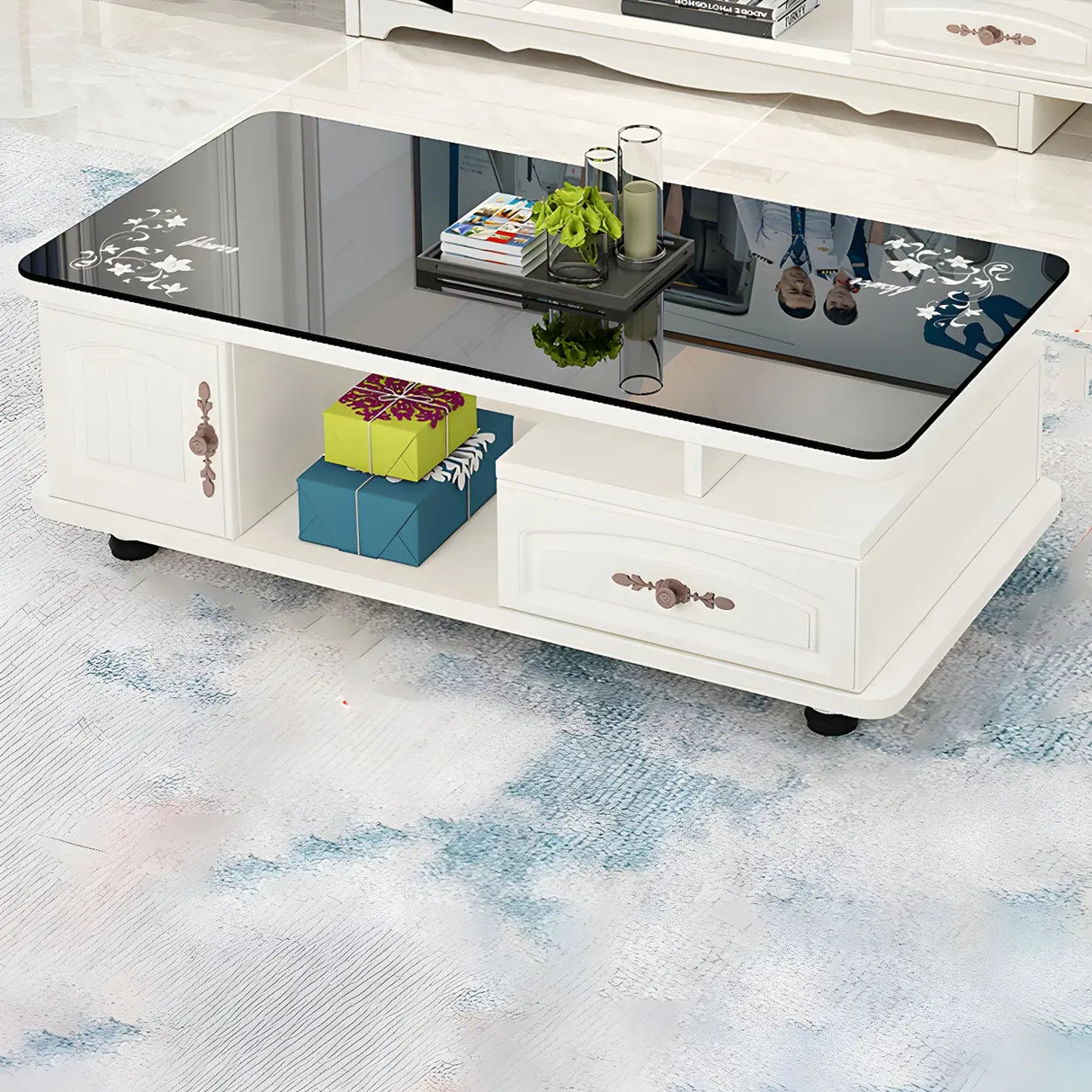 Glass Rectangular Storage Coffee Table with Cabinet Image - 2