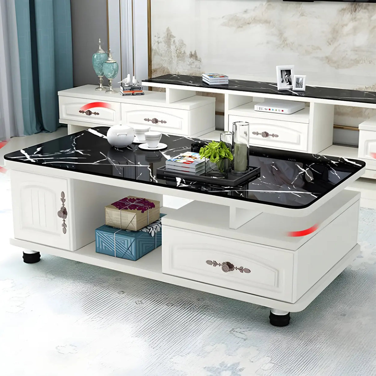 Glass Rectangular Storage Coffee Table with Cabinet Image - 3