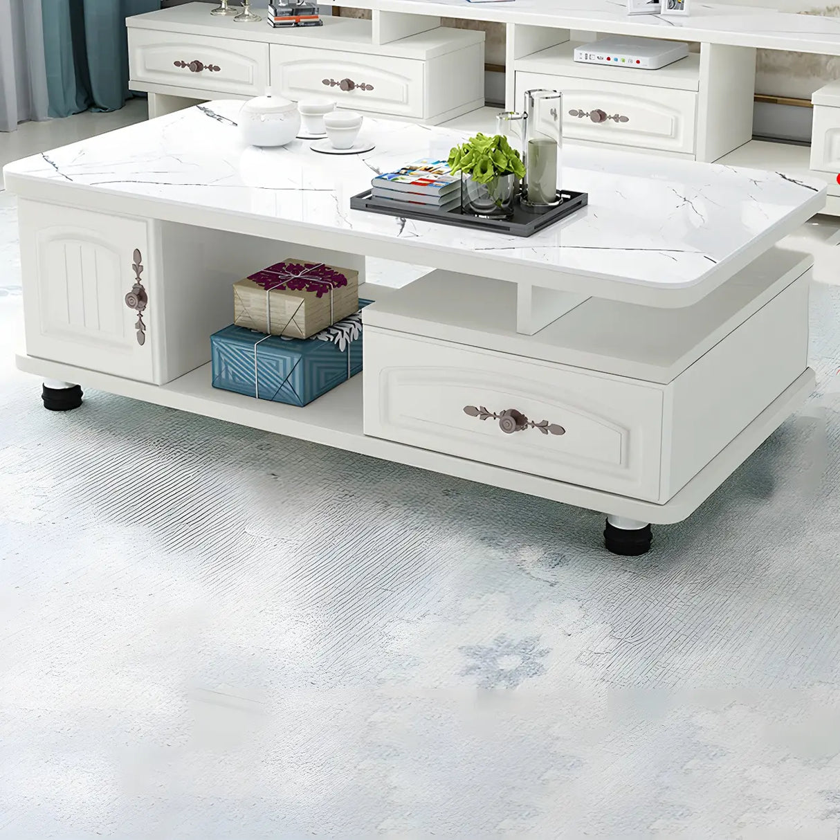 Glass Rectangular Storage Coffee Table with Cabinet Image - 5