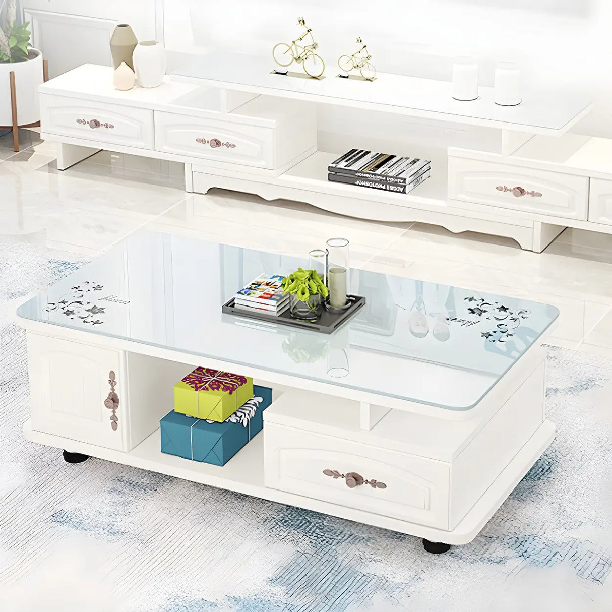 Glass Rectangular Storage Coffee Table with Cabinet Image - 6