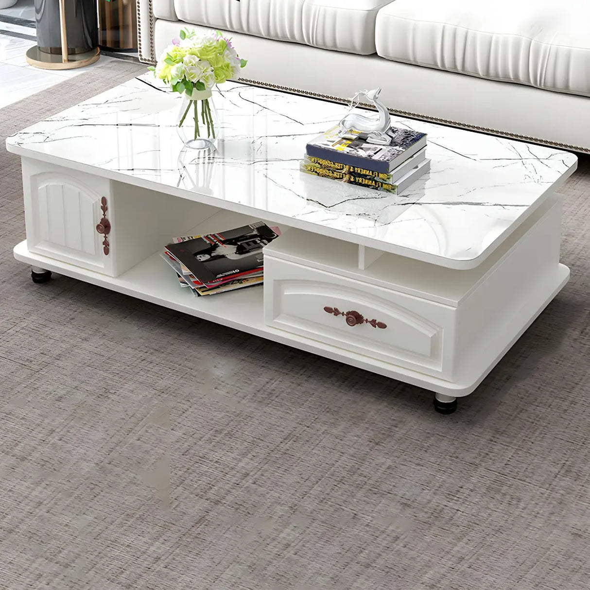 Glass Rectangular Storage Coffee Table with Cabinet Image - 7
