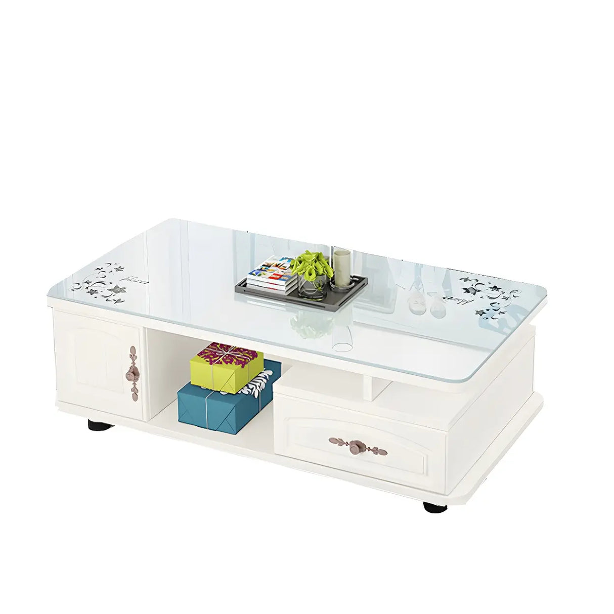 Glass Rectangular Storage Coffee Table with Cabinet Image - 9