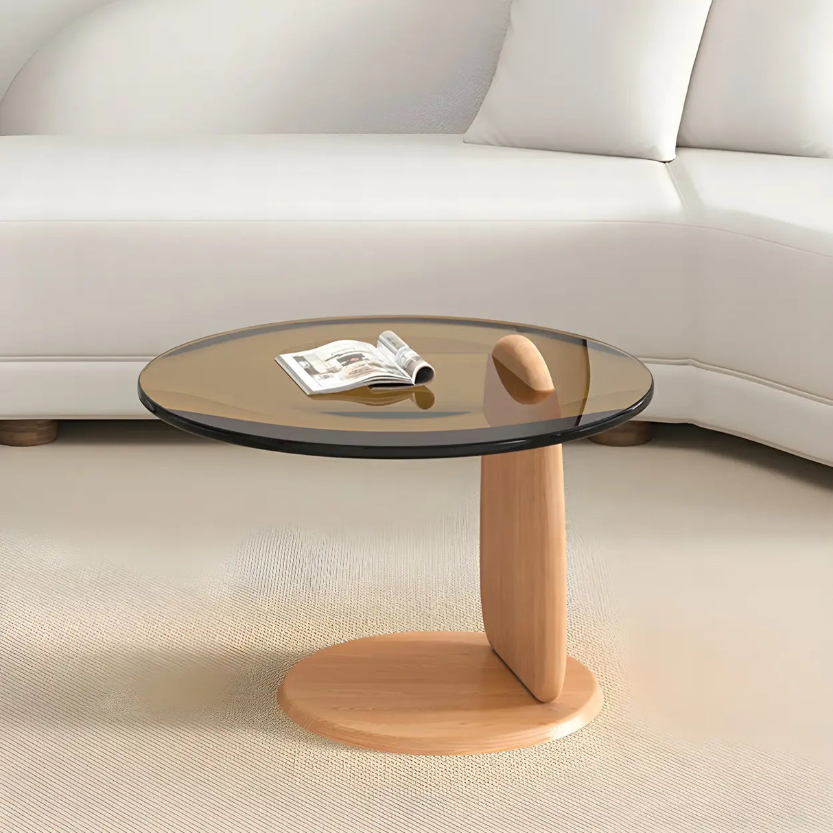 Glass Round Shape Coffee Table with Three Wooden Legs Image - 10