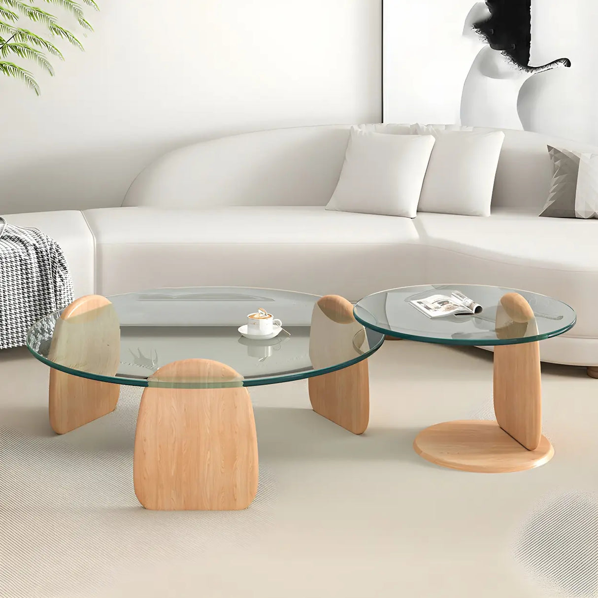 Glass Round Shape Coffee Table with Three Wooden Legs Image - 16