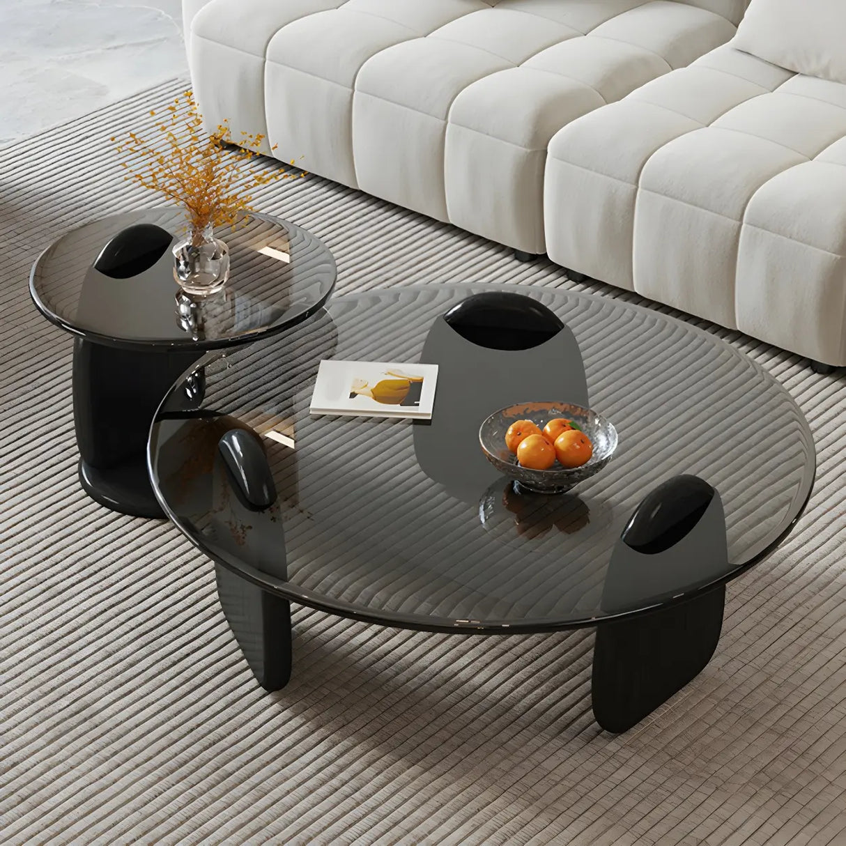 Glass Round Shape Coffee Table with Three Wooden Legs Image - 1