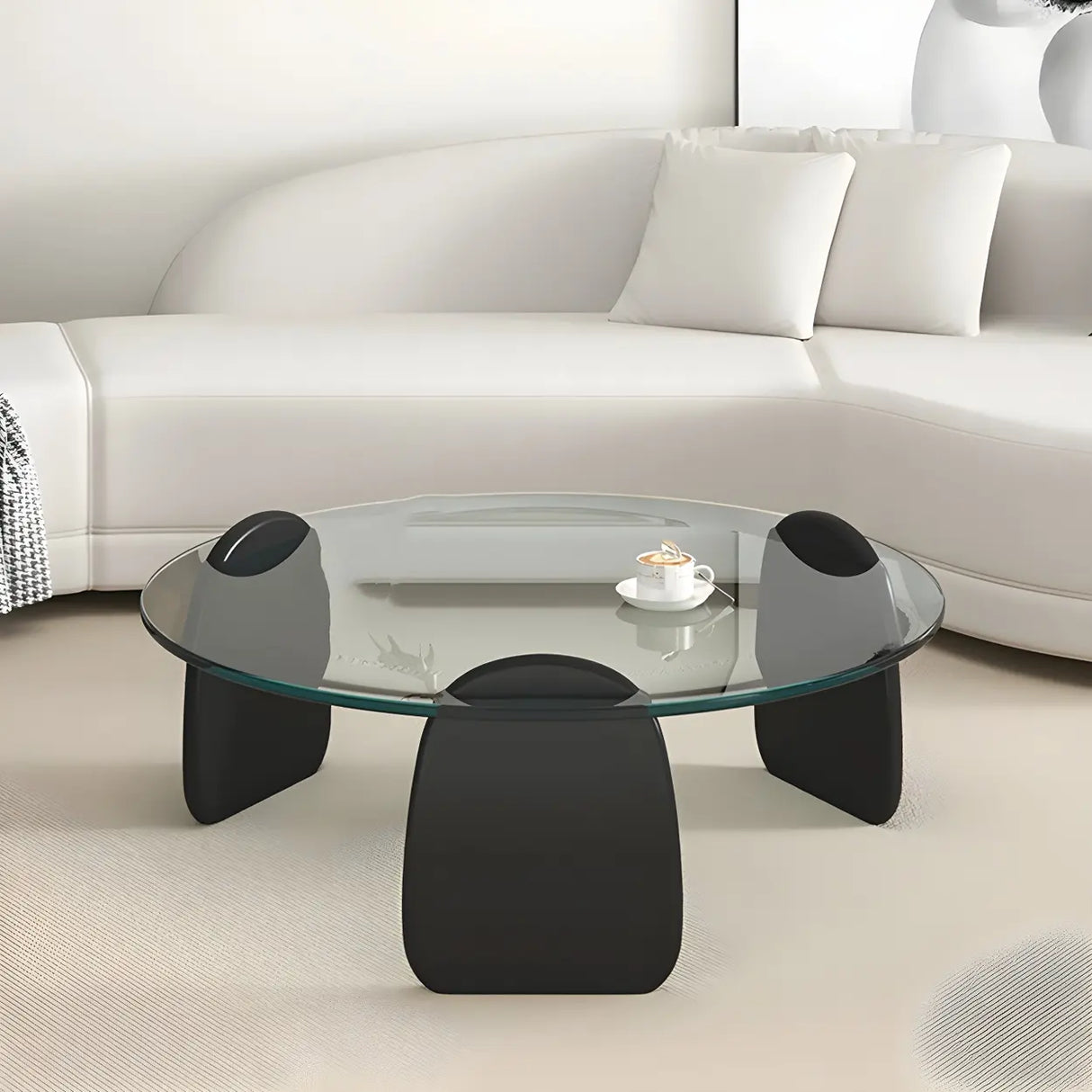 Glass Round Shape Coffee Table with Three Wooden Legs Image - 20