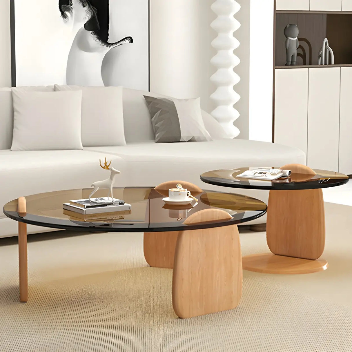 Glass Round Shape Coffee Table with Three Wooden Legs Image - 4