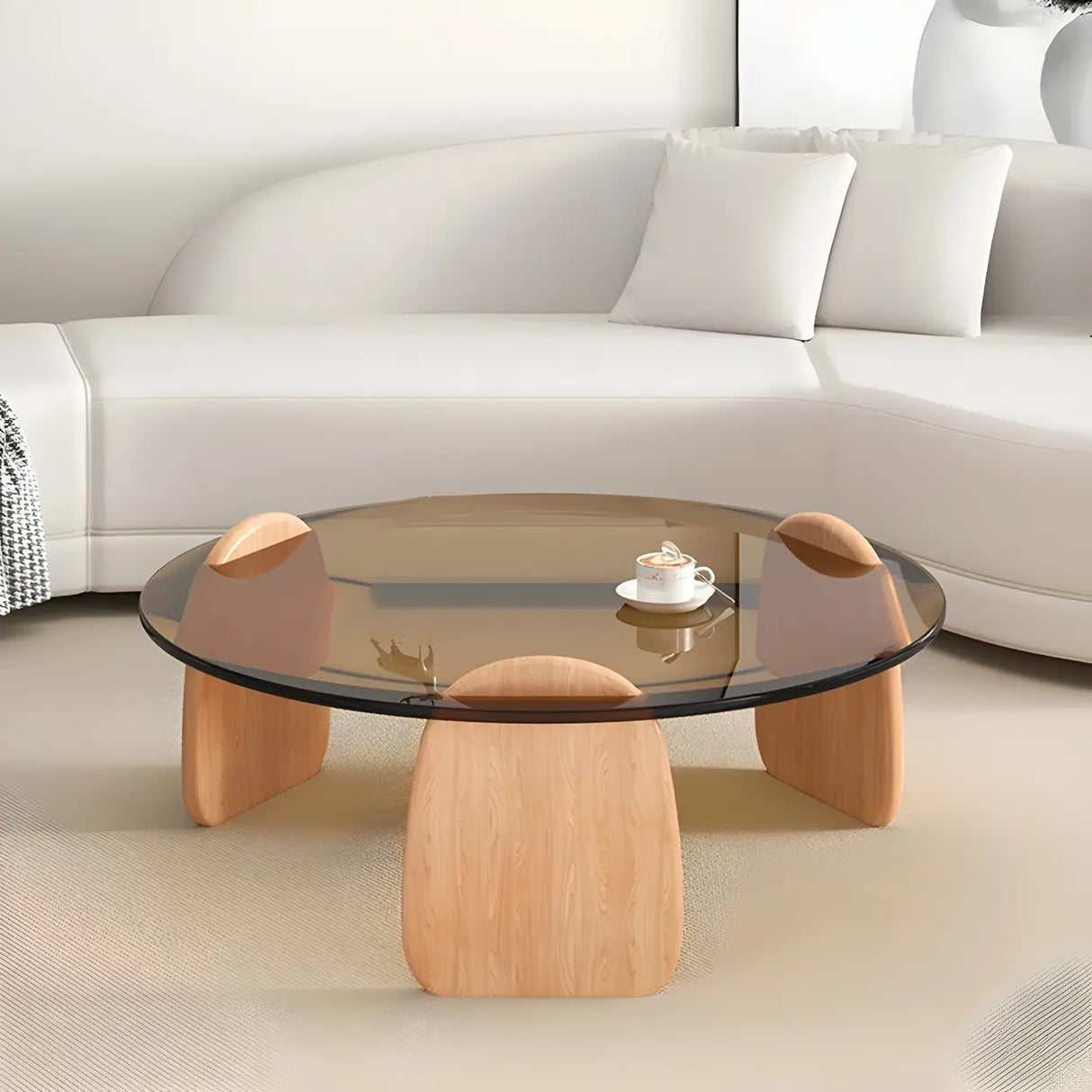 Glass Round Shape Coffee Table with Three Wooden Legs Image - 7