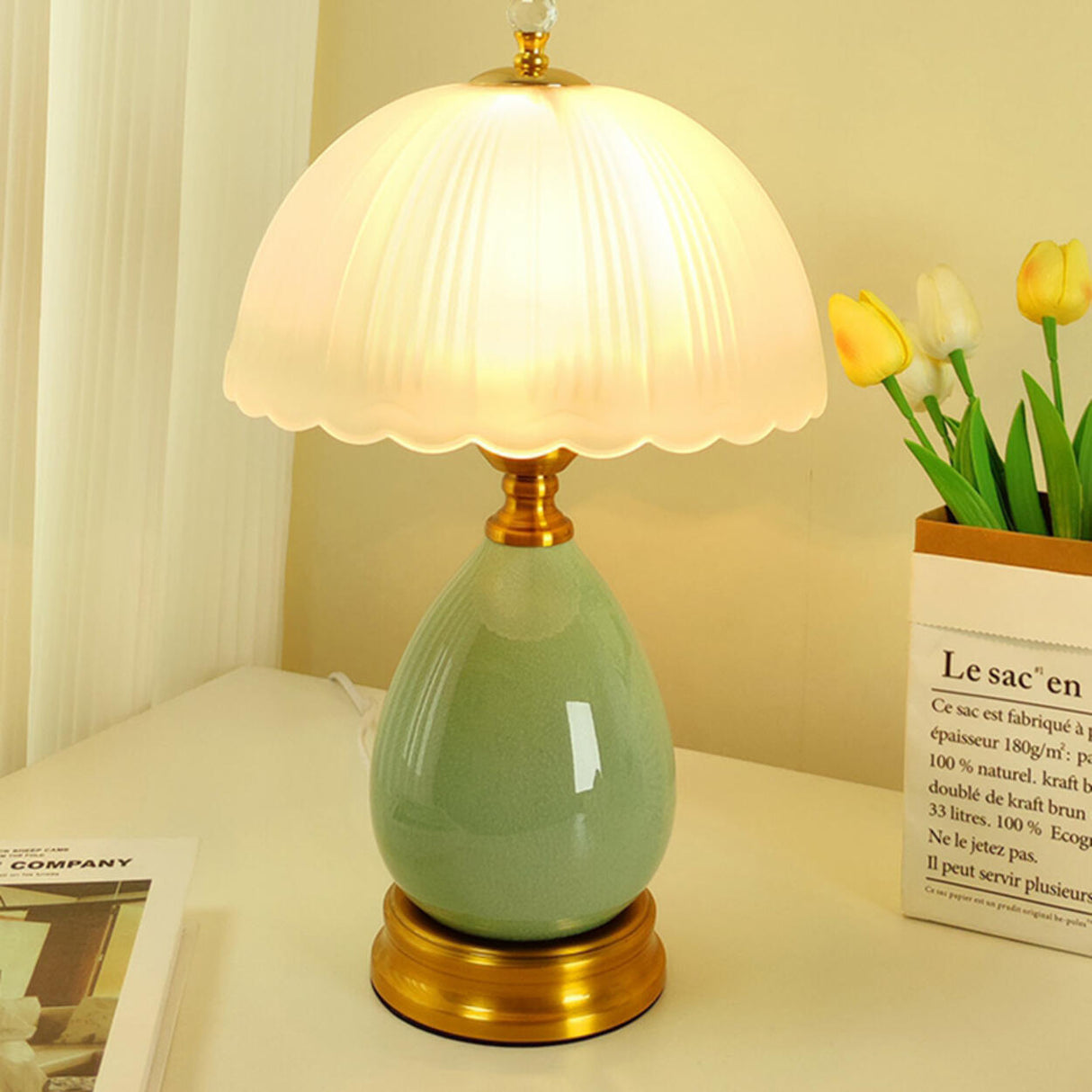 Glass Umbrella-Shaped Shade Green Ceramic Table Lamp Image - 1