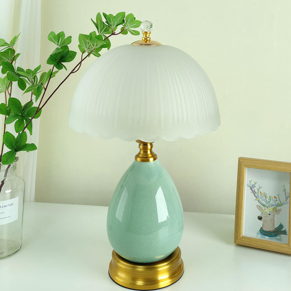 Glass Umbrella-Shaped Shade Green Ceramic Table Lamp Image - 2