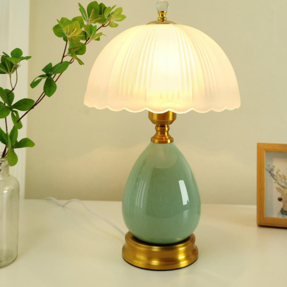 Glass Umbrella-Shaped Shade Green Ceramic Table Lamp Image - 3