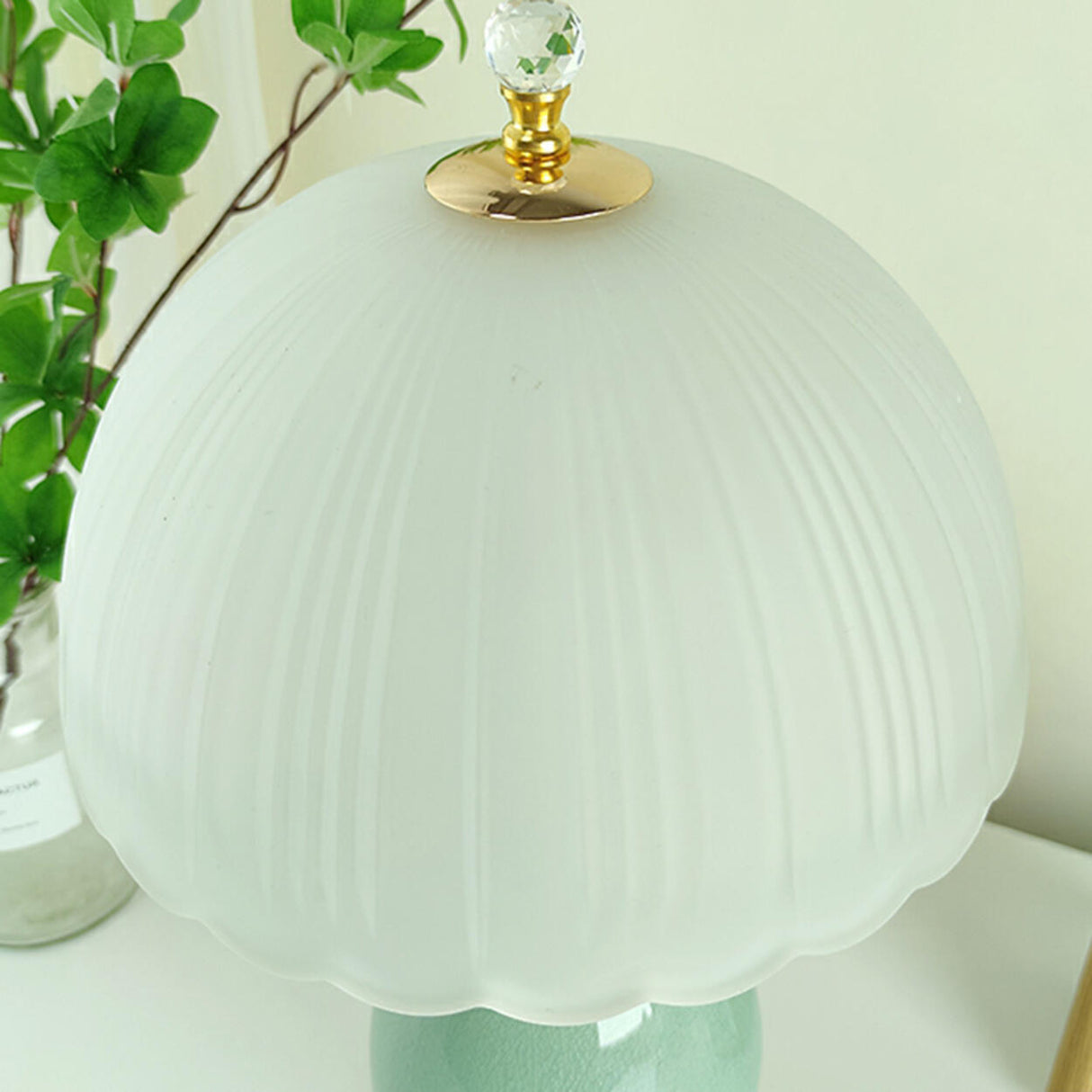 Glass Umbrella-Shaped Shade Green Ceramic Table Lamp Image - 6