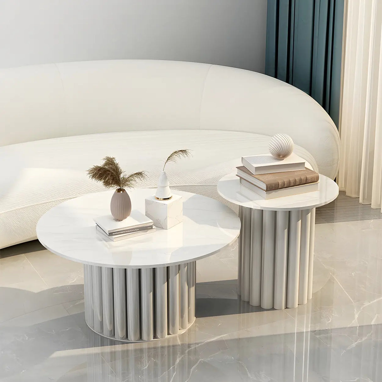 Gloss Finish Round Scratch Resistant Stone Coffee Table Image - 1