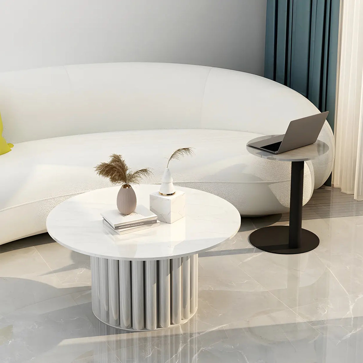 Gloss Finish Round Scratch Resistant Stone Coffee Table Image - 3