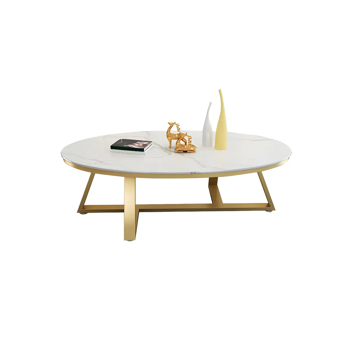Gloss Finish Marble Oval Coffee Table with Cross Legs Image - 13