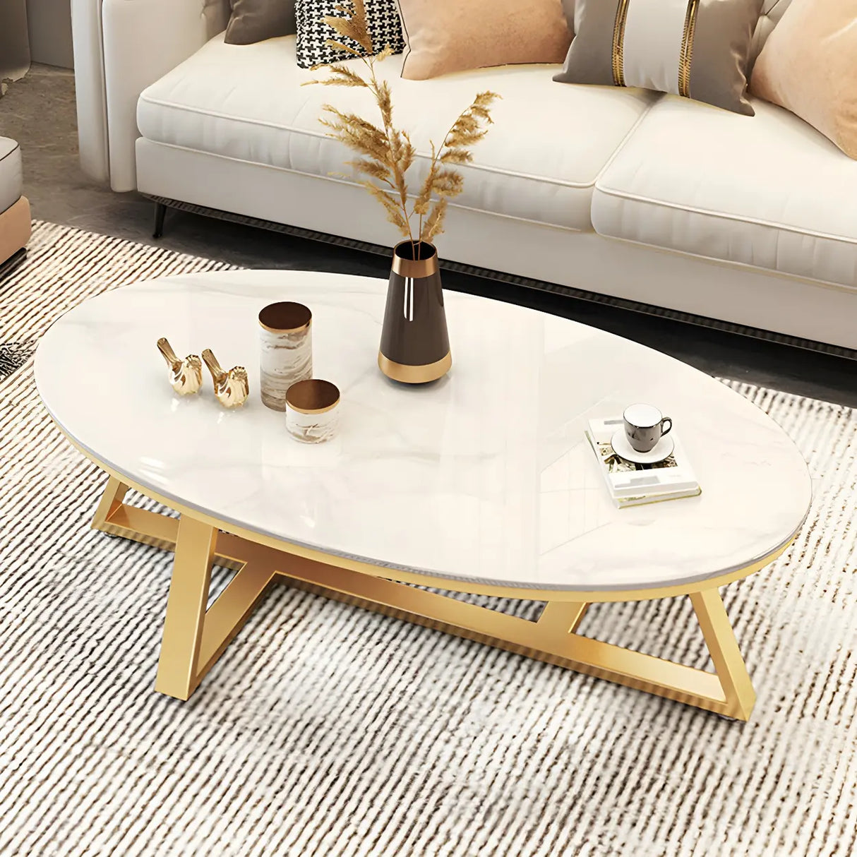 Gloss Finish Marble Oval Coffee Table with Cross Legs Image - 14