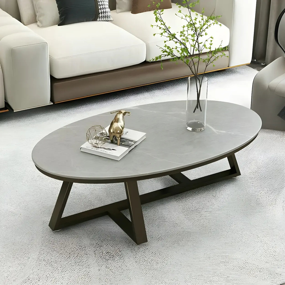 Gloss Finish Marble Oval Coffee Table with Cross Legs Image - 6