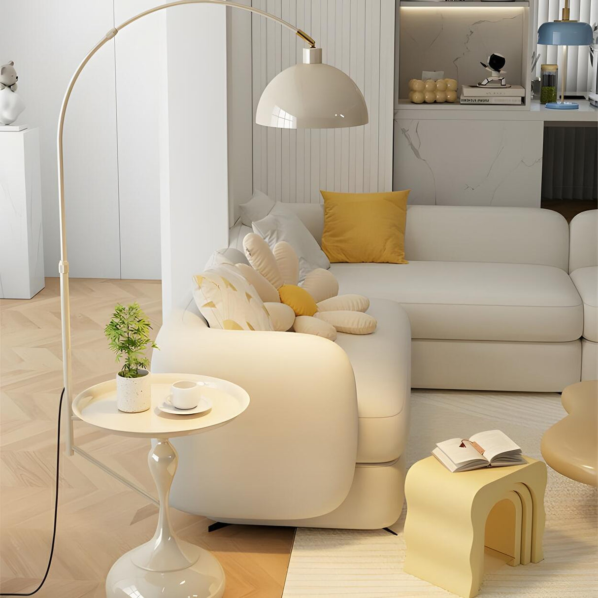 Glossy Dome Integrated Side Table Arched Floor Lamp Image - 12