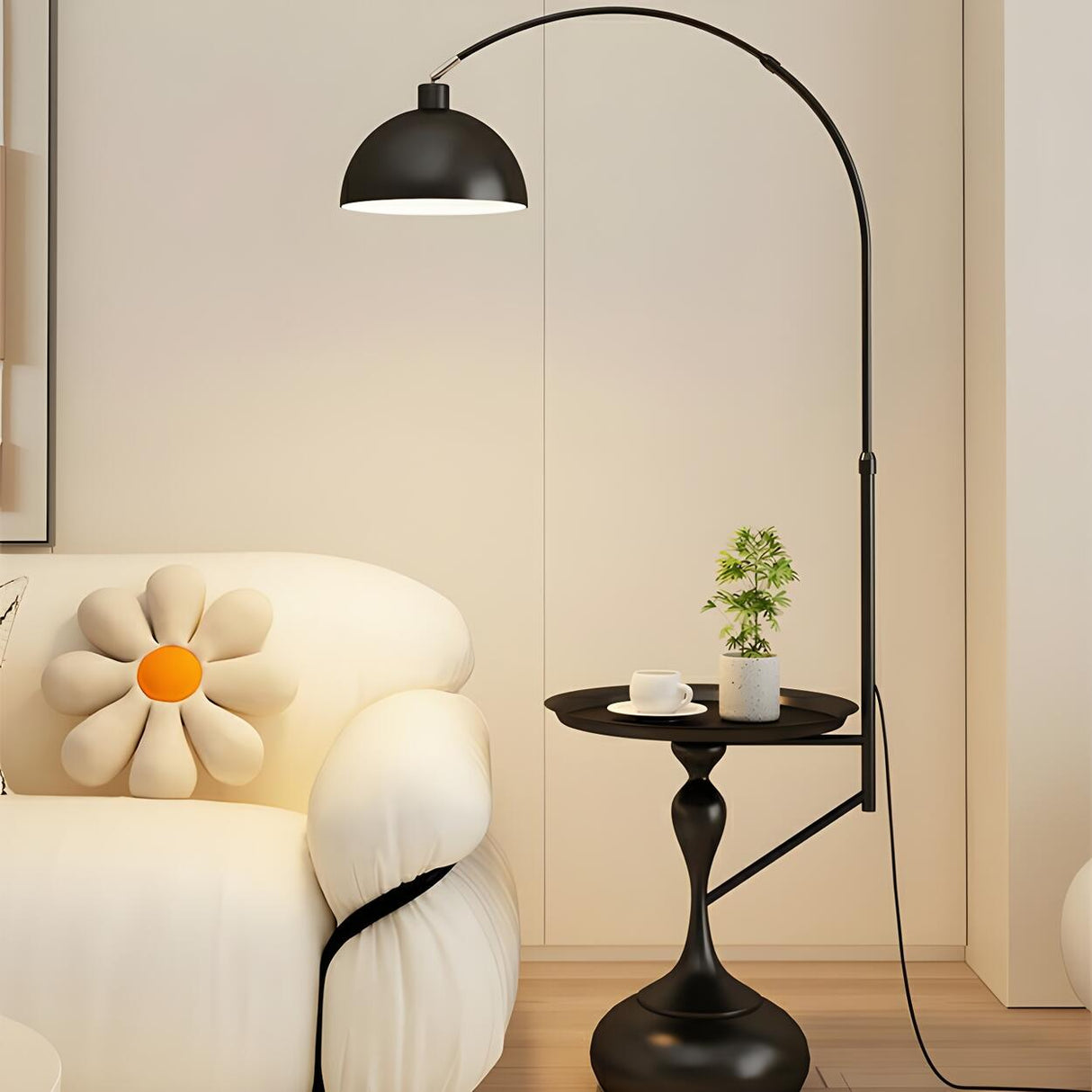Glossy Dome Integrated Side Table Arched Floor Lamp Image - 15