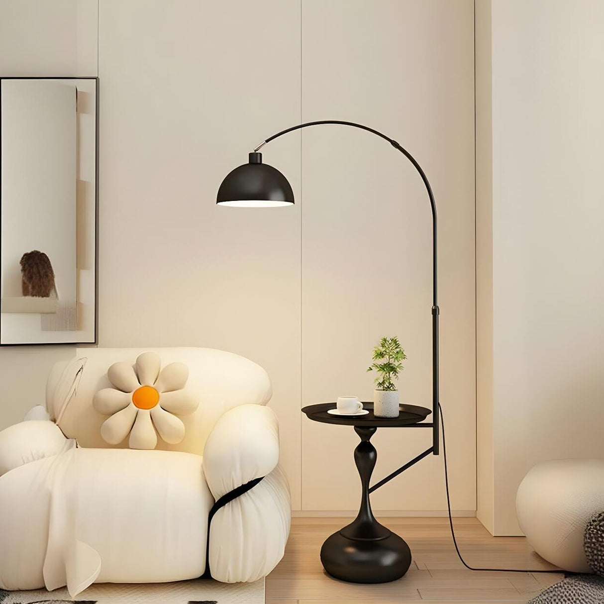 Glossy Dome Integrated Side Table Arched Floor Lamp Image - 2